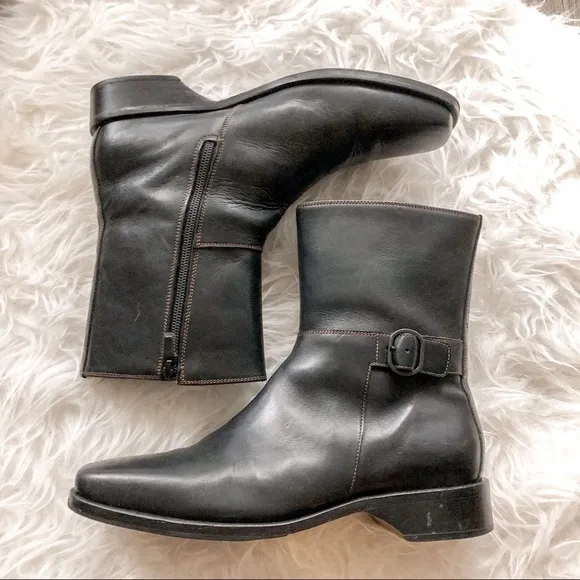 Cole Haan Leather Side Zip Square Toe Short Boots Black Size 7