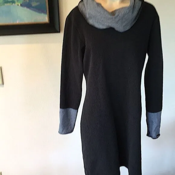 Columbia Dress black grey trim wide cowl neck long sleeve knit Large