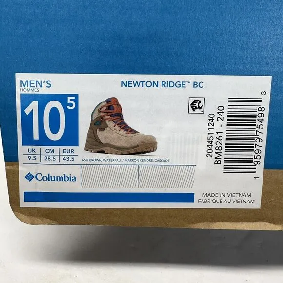 Columbia Men's Newton Ridge Base Camp Hiking Boots Size 10.5 Ash Brown Waterfall