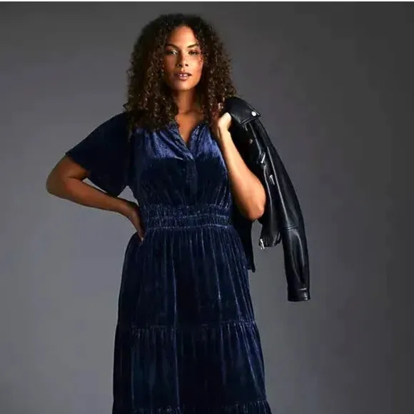 COPY - Anthropologie 3X Somerset Velvet Edition Maxi Dress Long Tiered Navy Blue