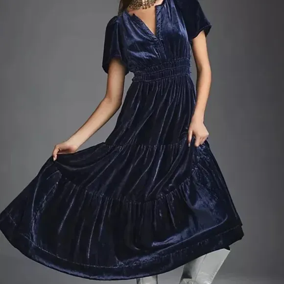 COPY - Anthropologie 3X Somerset Velvet Edition Maxi Dress Long Tiered Navy Blue