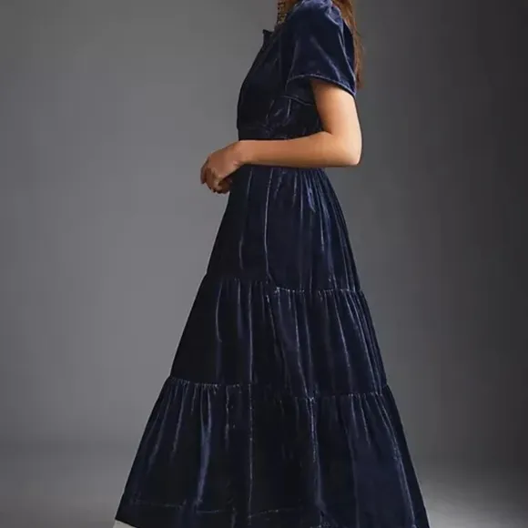 COPY - Anthropologie 3X Somerset Velvet Edition Maxi Dress Long Tiered Navy Blue