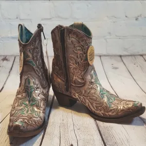 Corral Tan and Teal Embroidered Short Boots