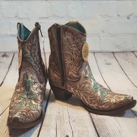 Corral Tan and Teal Embroidered Short Boots