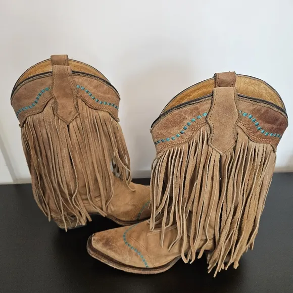Corral TEEN Boots Sz 4 Long Fringe Snip Toe Western Leather Tan Turquoise Accent