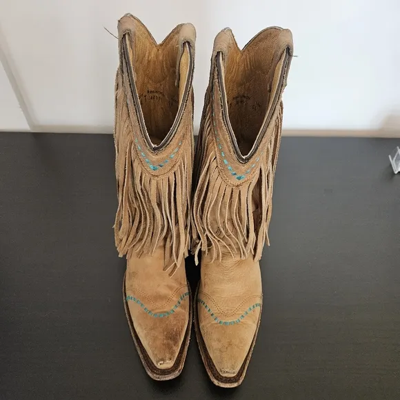 Corral TEEN Boots Sz 4 Long Fringe Snip Toe Western Leather Tan Turquoise Accent