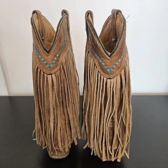 Corral TEEN Boots Sz 4 Long Fringe Snip Toe Western Leather Tan Turquoise Accent