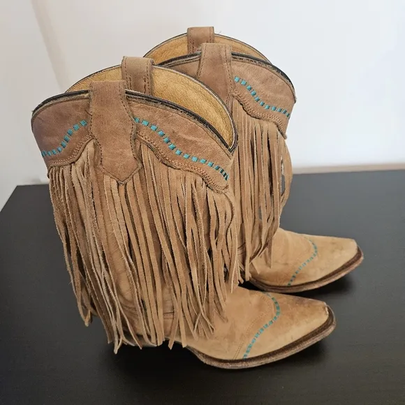 Corral TEEN Boots Sz 4 Long Fringe Snip Toe Western Leather Tan Turquoise Accent
