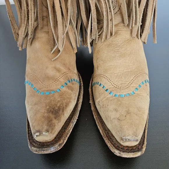 Corral TEEN Boots Sz 4 Long Fringe Snip Toe Western Leather Tan Turquoise Accent