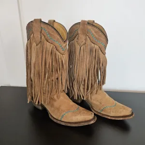 Corral TEEN Boots Sz 4 Long Fringe Snip Toe Western Leather Tan Turquoise Accent