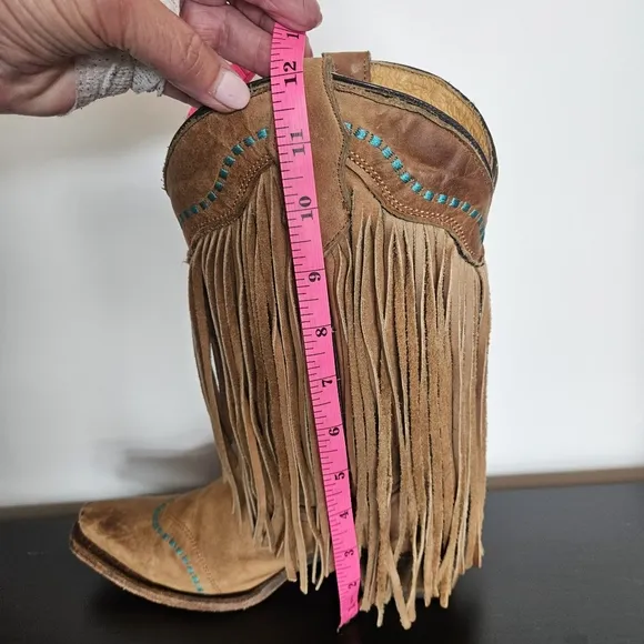 Corral TEEN Boots Sz 4 Long Fringe Snip Toe Western Leather Tan Turquoise Accent