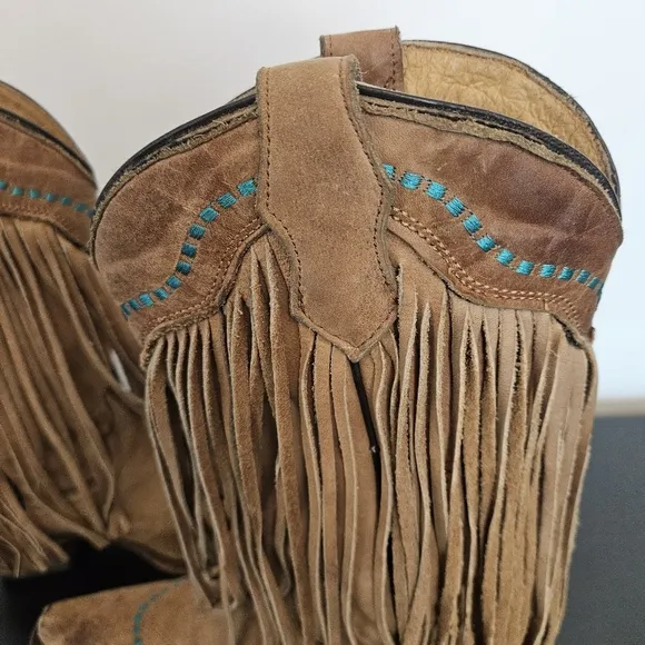 Corral TEEN Boots Sz 4 Long Fringe Snip Toe Western Leather Tan Turquoise Accent