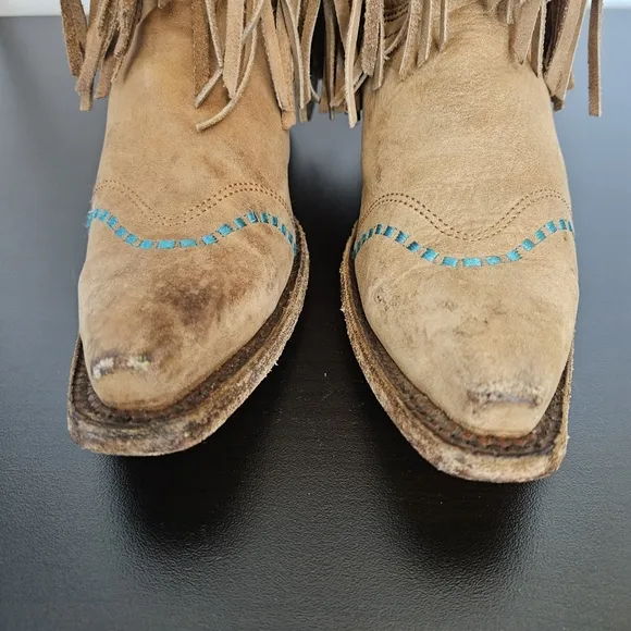 Corral TEEN Boots Sz 4 Long Fringe Snip Toe Western Leather Tan Turquoise Accent