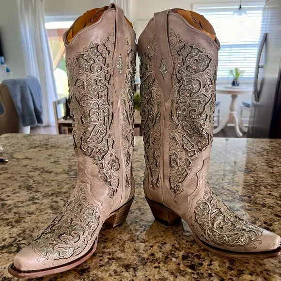 CORRAL Women's Glitter Inlay &amp; Crystals Western Boots, Size 7.5