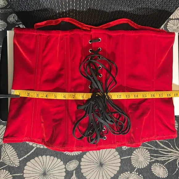 Corset hand appliqué roses on rich romantic red velvet.