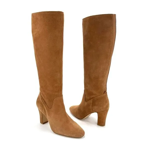 CORSO COMO &quot;BRYNT&quot; CAMEL/LIGHT BROWN SUEDE ALMOND TOE BLOCK HIGH HEEL TALL BOOTS