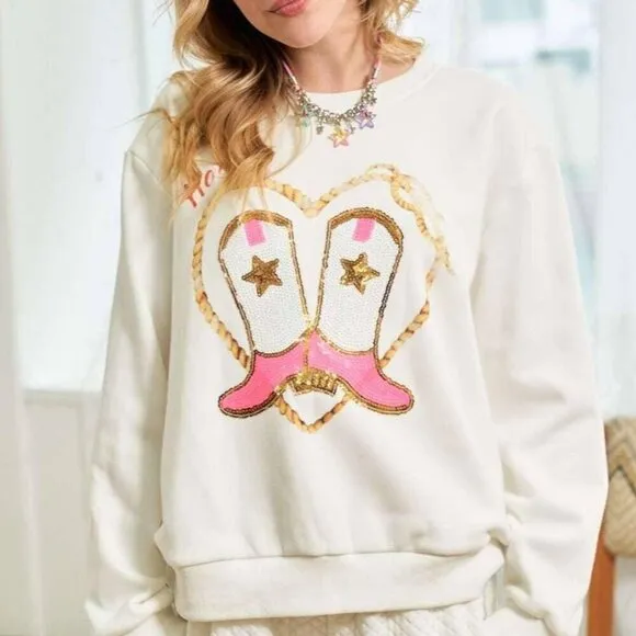 Cowgirl Rope Print With Sequin Boots Sweater
