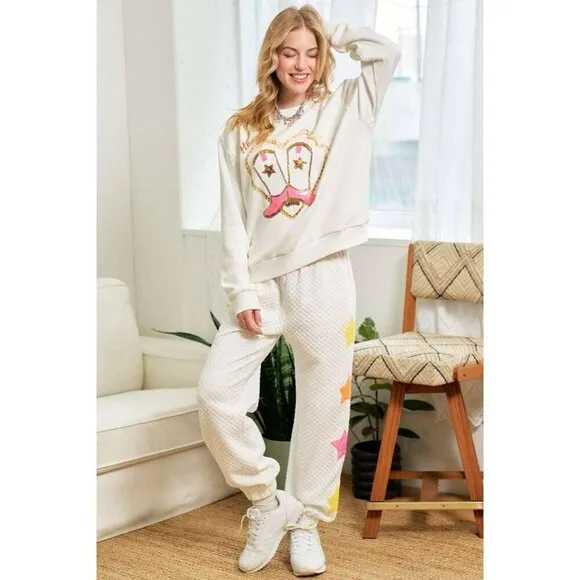 Cowgirl Rope Print With Sequin Boots Sweater