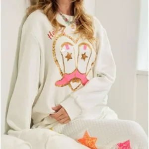 Cowgirl Rope Print With Sequin Boots Sweater