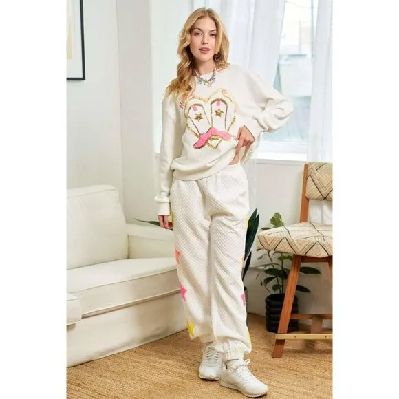 Cowgirl Rope Print With Sequin Boots Sweater