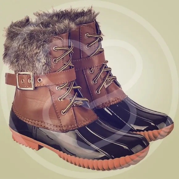 Cozy Tan Winter Vegan Fur leather Lace up Duck Boots