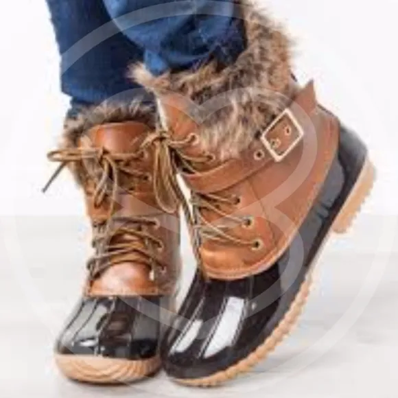 Cozy Tan Winter Vegan Fur leather Lace up Duck Boots