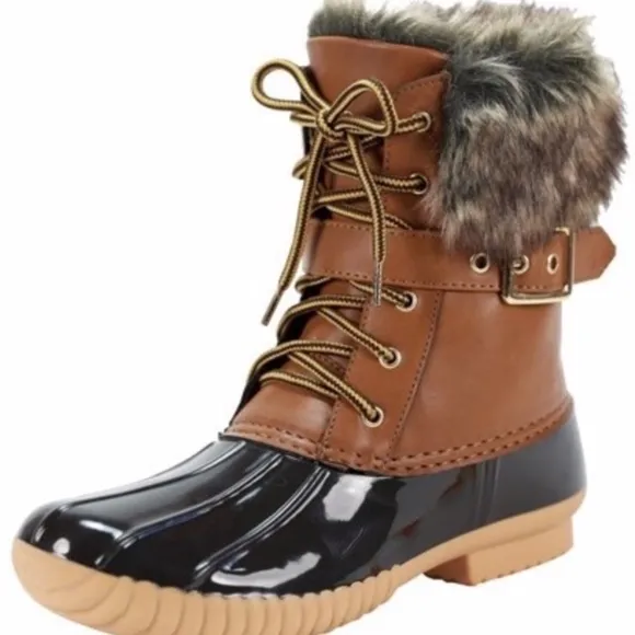 Cozy Tan Winter Vegan Fur leather Lace up Duck Boots