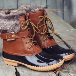 Cozy Tan Winter Vegan Fur leather Lace up Duck Boots