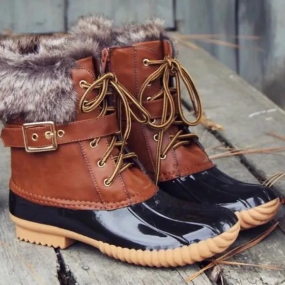 Cozy Tan Winter Vegan Fur leather Lace up Duck Boots