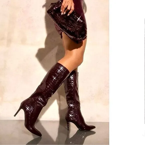 CROC DETAIL KNEE HIGH STILETTO BOOT