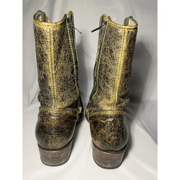 Cuadra Mens Brown Leather Cowboy Boots Worn Distressed Yellow Stitching Short