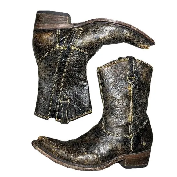 Cuadra Mens Brown Leather Cowboy Boots Worn Distressed Yellow Stitching Short