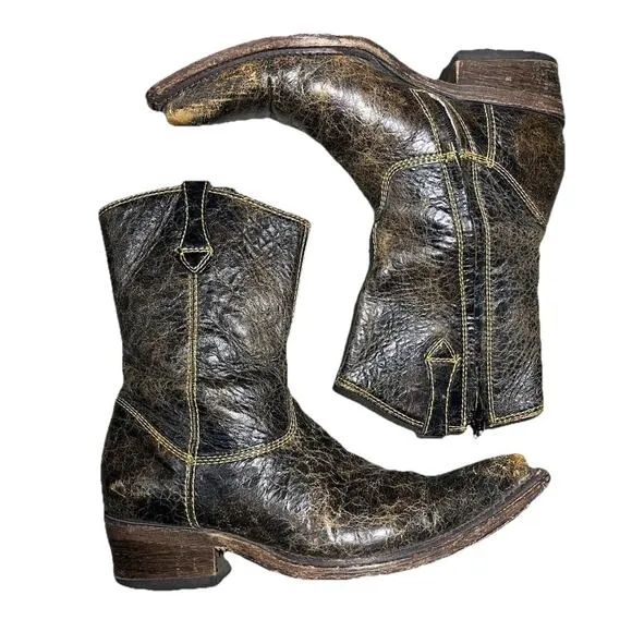 Cuadra Mens Brown Leather Cowboy Boots Worn Distressed Yellow Stitching Short