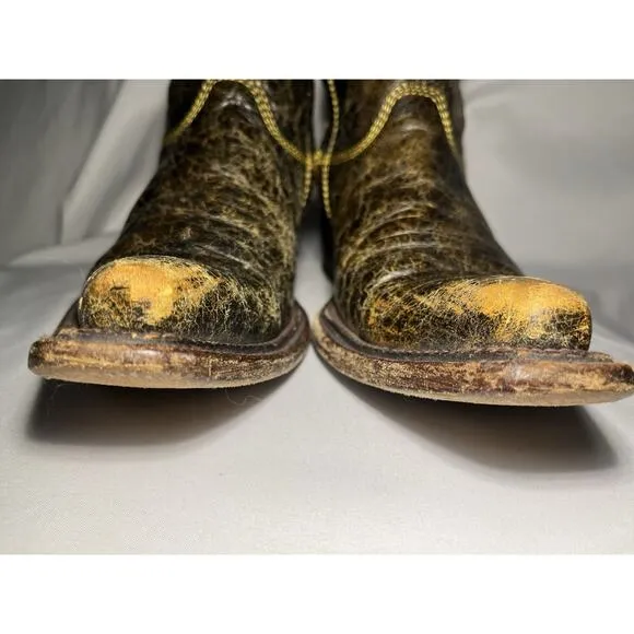 Cuadra Mens Brown Leather Cowboy Boots Worn Distressed Yellow Stitching Short