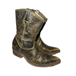 Cuadra Mens Brown Leather Cowboy Boots Worn Distressed Yellow Stitching Short