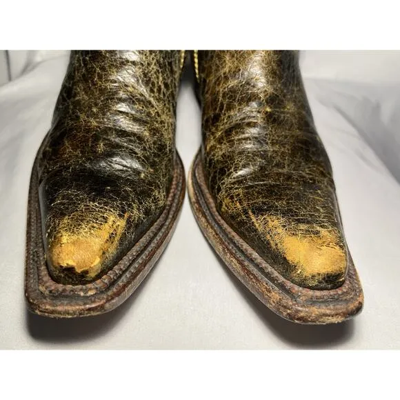 Cuadra Mens Brown Leather Cowboy Boots Worn Distressed Yellow Stitching Short