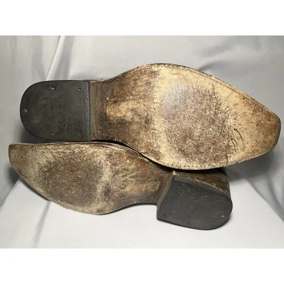 Cuadra Mens Brown Leather Cowboy Boots Worn Distressed Yellow Stitching Short