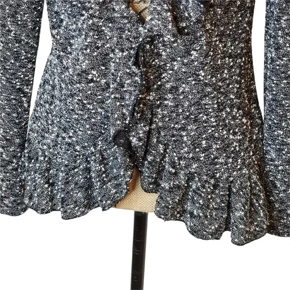 CYNTHIA ROWLEY Women's Regular Marbled Ruffle Sweater Cardigan Size Small Black
