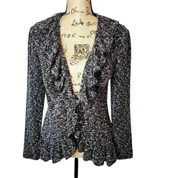 CYNTHIA ROWLEY Women's Regular Marbled Ruffle Sweater Cardigan Size Small Black