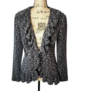 CYNTHIA ROWLEY Women's Regular Marbled Ruffle Sweater Cardigan Size Small Black