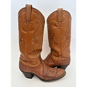 Dan Post Cowboy Boots Womens 4.5 Brown Leather Made In USA Snakeskin‎ Stitching