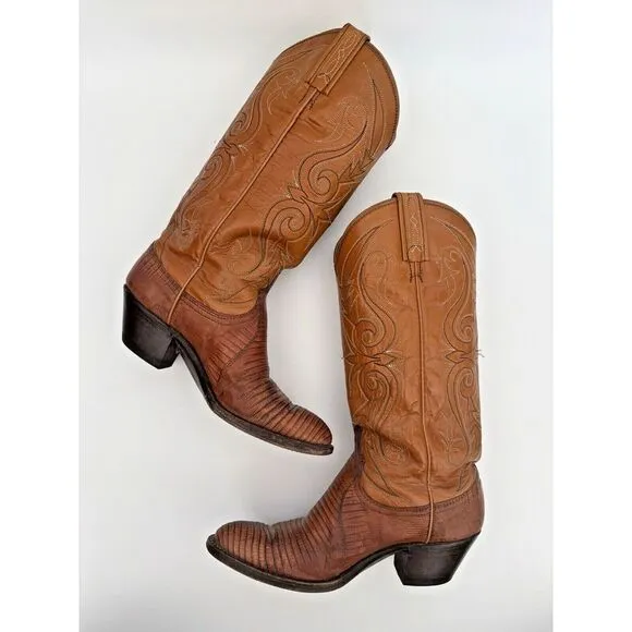 Dan Post Cowboy Boots Womens 4.5 Brown Leather Made In USA Snakeskin‎ Stitching