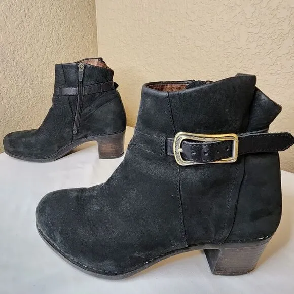 Dansko- Cagney Black Leather Ankle Boots w/ Buckle Detail, Size 38 US Size 8