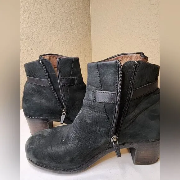 Dansko- Cagney Black Leather Ankle Boots w/ Buckle Detail, Size 38 US Size 8