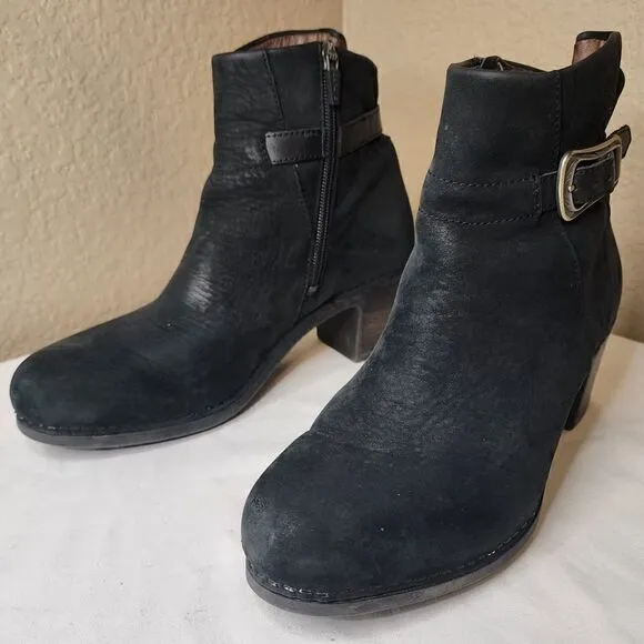 Dansko- Cagney Black Leather Ankle Boots w/ Buckle Detail, Size 38 US Size 8