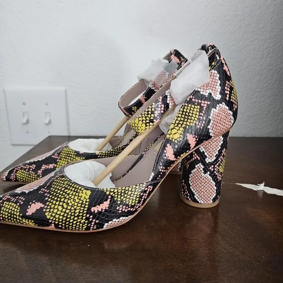 DELTAN Shoes Strap Leather Sole Snake Print Yellow Pink And Black