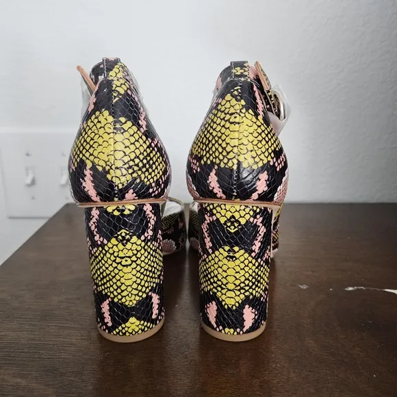 DELTAN Shoes Strap Leather Sole Snake Print Yellow Pink And Black