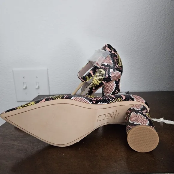 DELTAN Shoes Strap Leather Sole Snake Print Yellow Pink And Black
