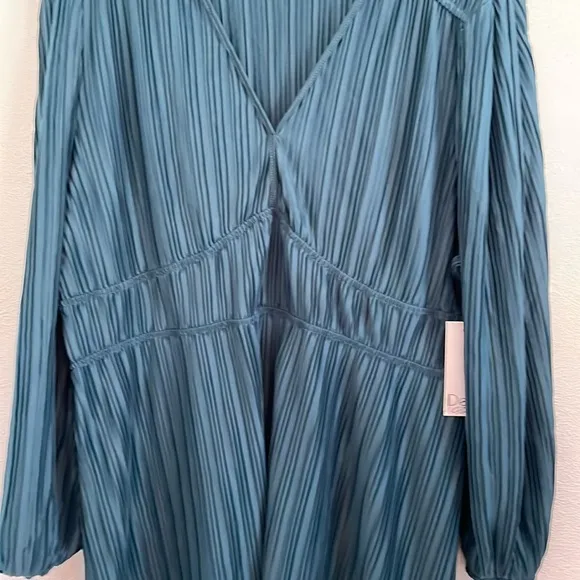Dex Plus Torey Allover Pleated V-Neck Long Sleeve Knee Length Teal Dress 14 -‎ X