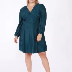 Dex Plus Torey Allover Pleated V-Neck Long Sleeve Knee Length Teal Dress 14 -‎ X
